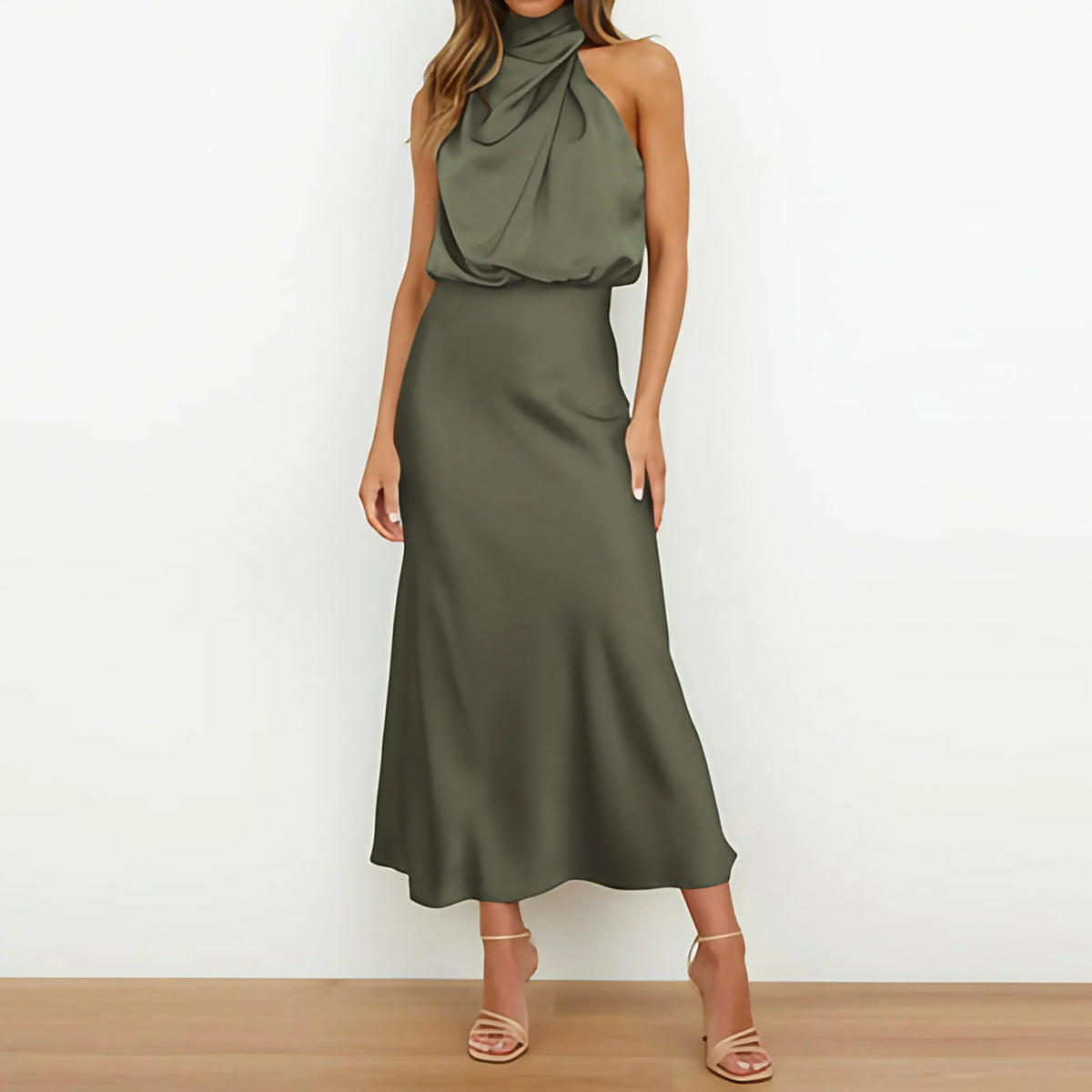 Robe de soirée midi col V à bretelles réglables, neuf coloris, vert foncé