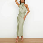 Robe de soirée midi col V à bretelles réglables, neuf coloris, vert clair