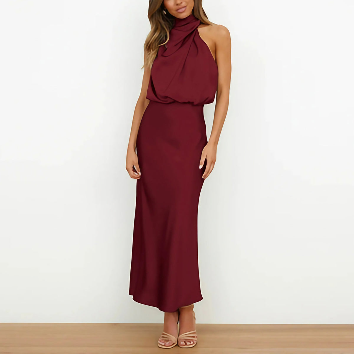 Robe de soirée midi col V à bretelles réglables, neuf coloris, rouge