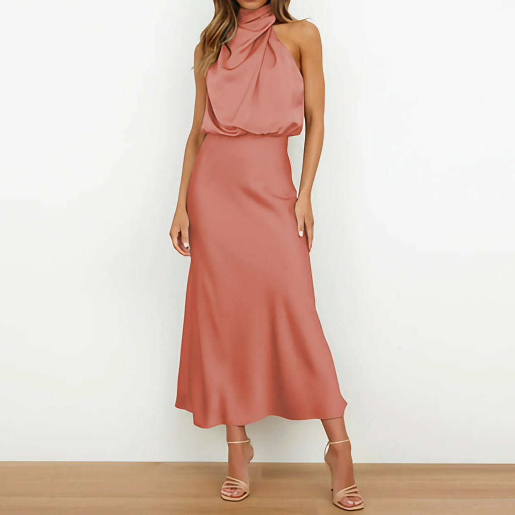 Robe de soirée midi col V à bretelles réglables, neuf coloris, rose clair