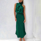 Robe de soirée midi col V à bretelles réglables, neuf coloris, vert