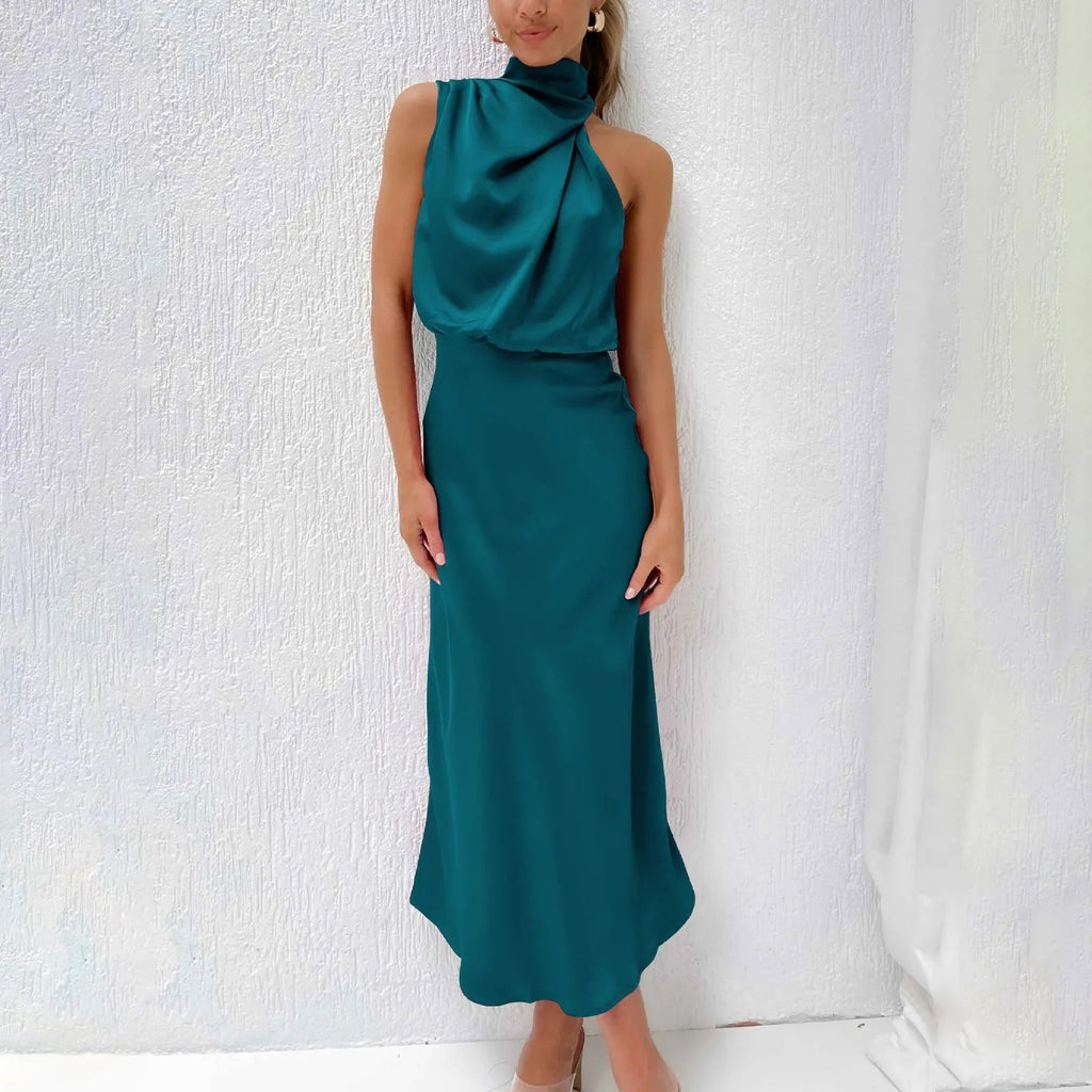 Robe de soirée midi col V à bretelles réglables, neuf coloris, bleu