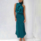 Robe de soirée midi col V à bretelles réglables, neuf coloris, bleu