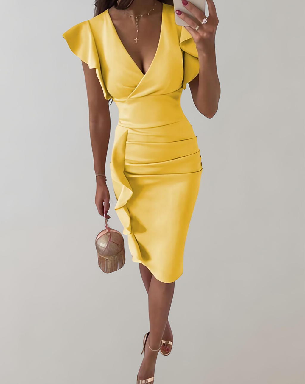 Robe de soirée femme col montant, manches papillon froncées, jaune