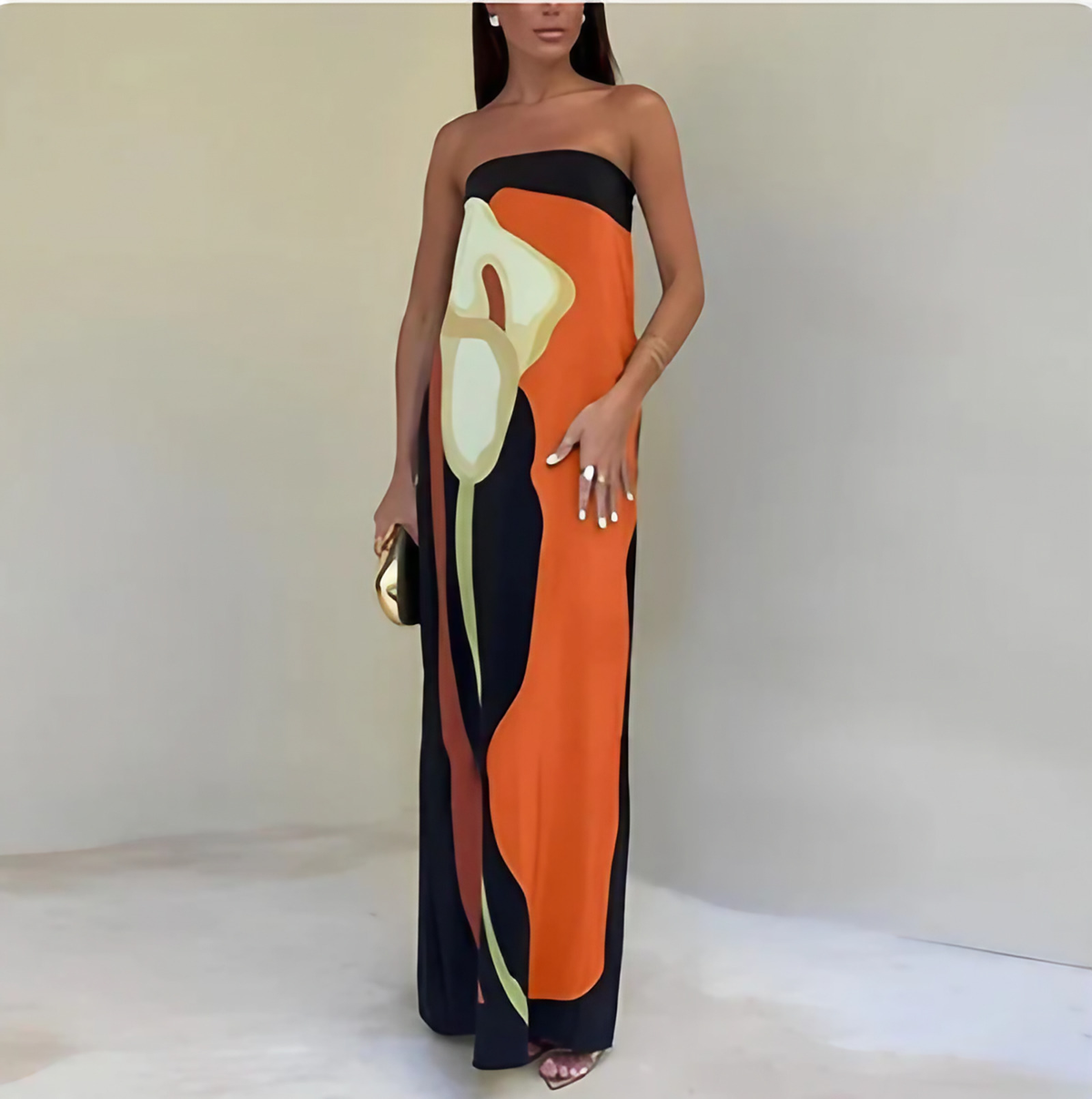Robe de soirée femme cintrée à jupe fluide, quatre coloris, orange
