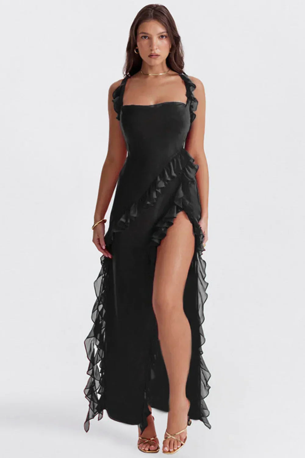 Robe de soirée femme à manches longues, fermeture éclair, noir