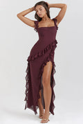 Robe de soirée femme à manches longues, fermeture éclair, rouge foncé