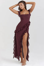 Robe de soirée femme à manches longues, fermeture éclair, rouge foncé