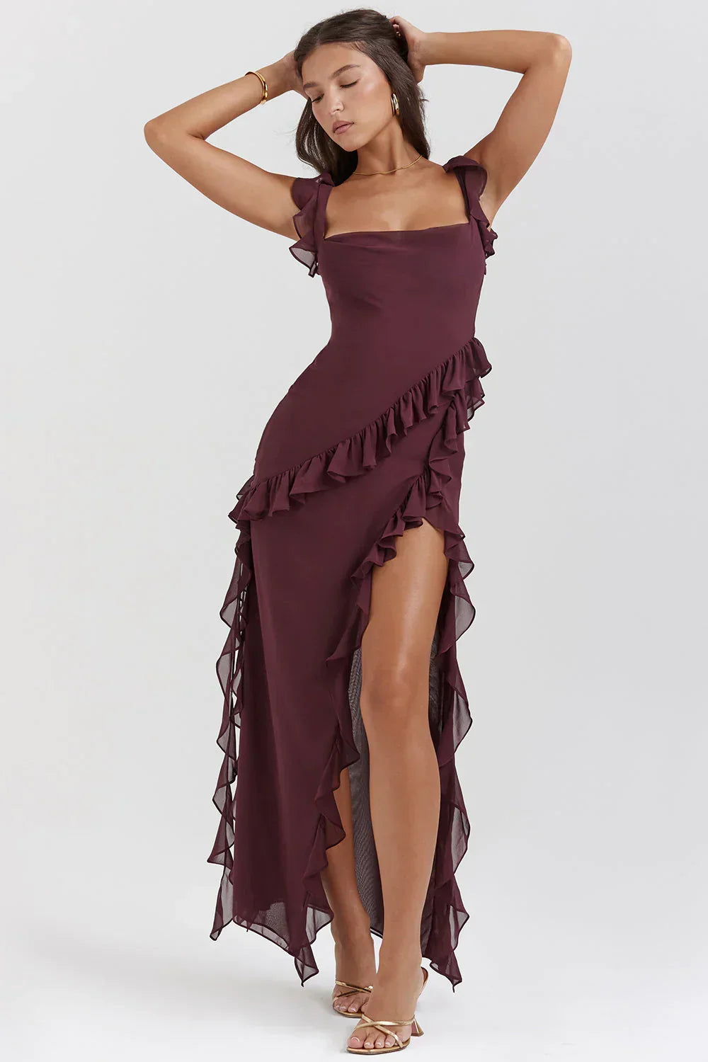 Robe de soirée femme à manches longues, fermeture éclair, rouge foncé