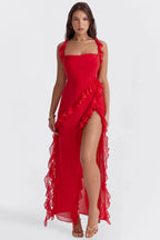 Robe de soirée femme à manches longues, fermeture éclair, rouge
