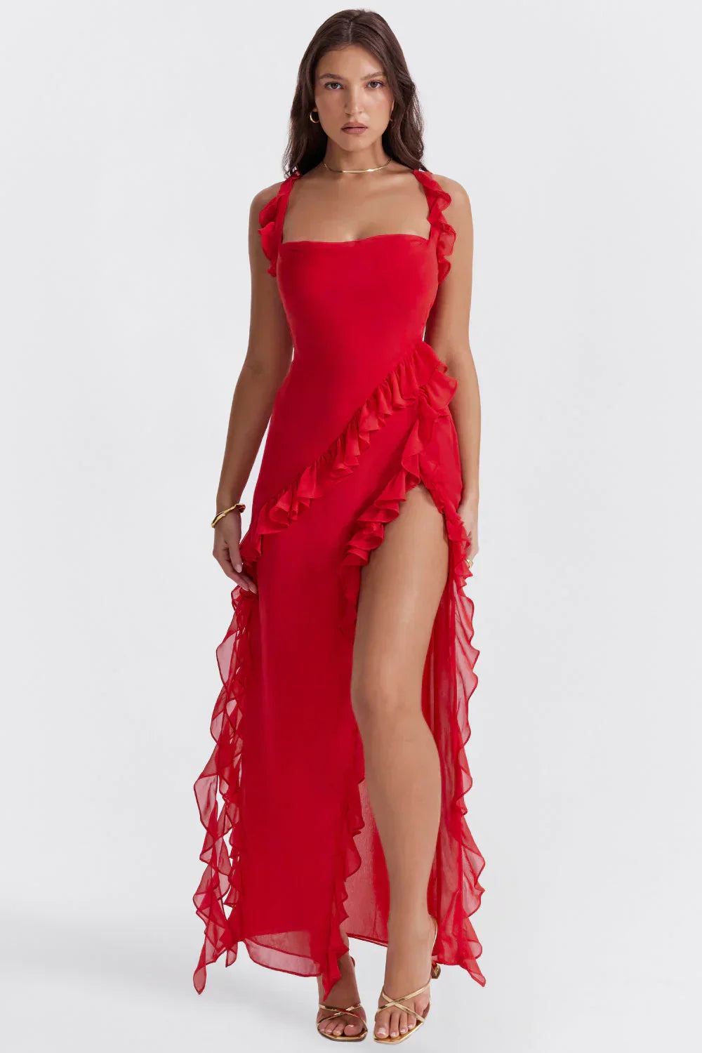 Robe de soirée femme à manches longues, fermeture éclair, rouge