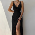 Robe longue de soirée à décolleté croisé et fente latérale, noir