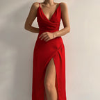 Robe longue de soirée à décolleté croisé et fente latérale, rouge