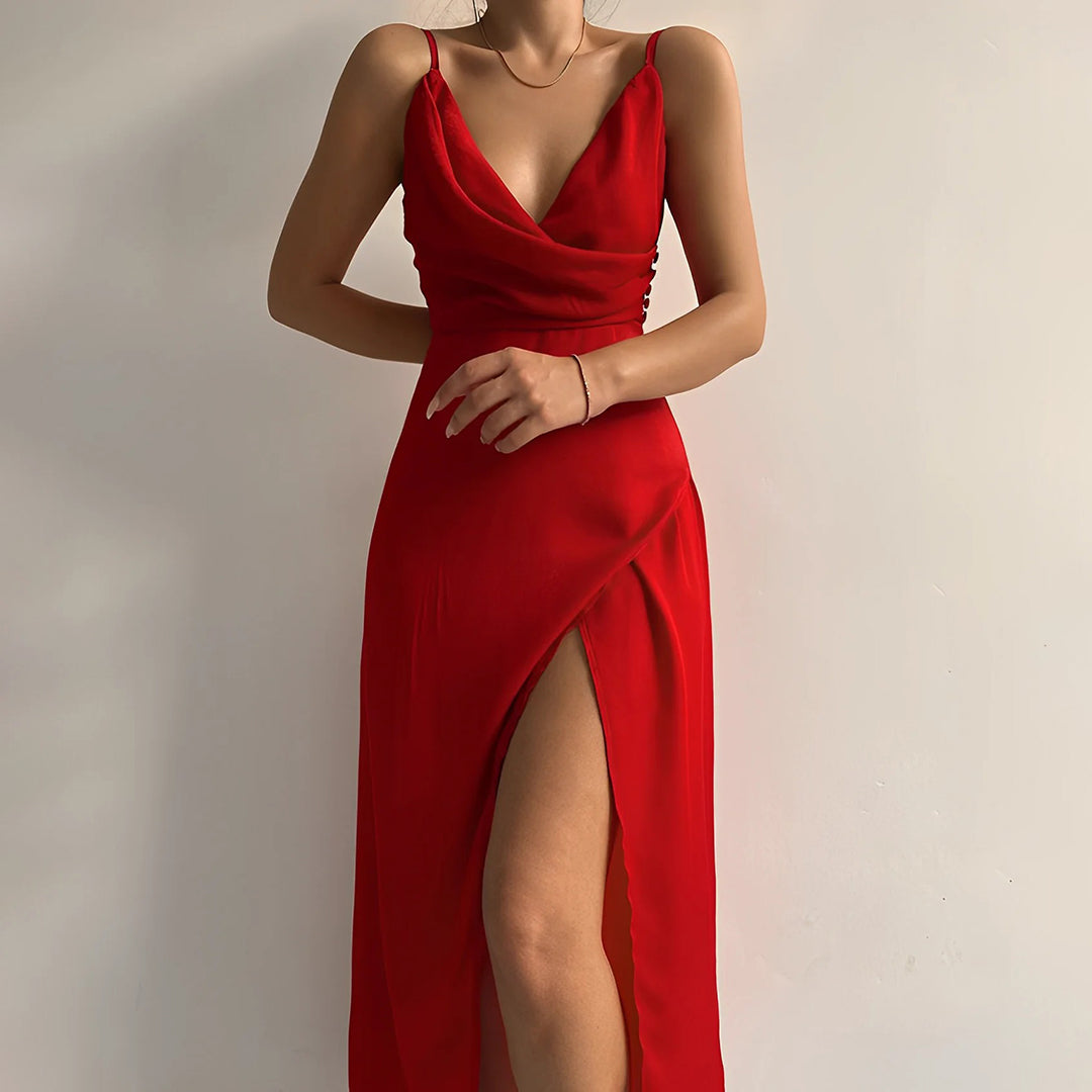 Robe longue de soirée à décolleté croisé et fente latérale, rouge