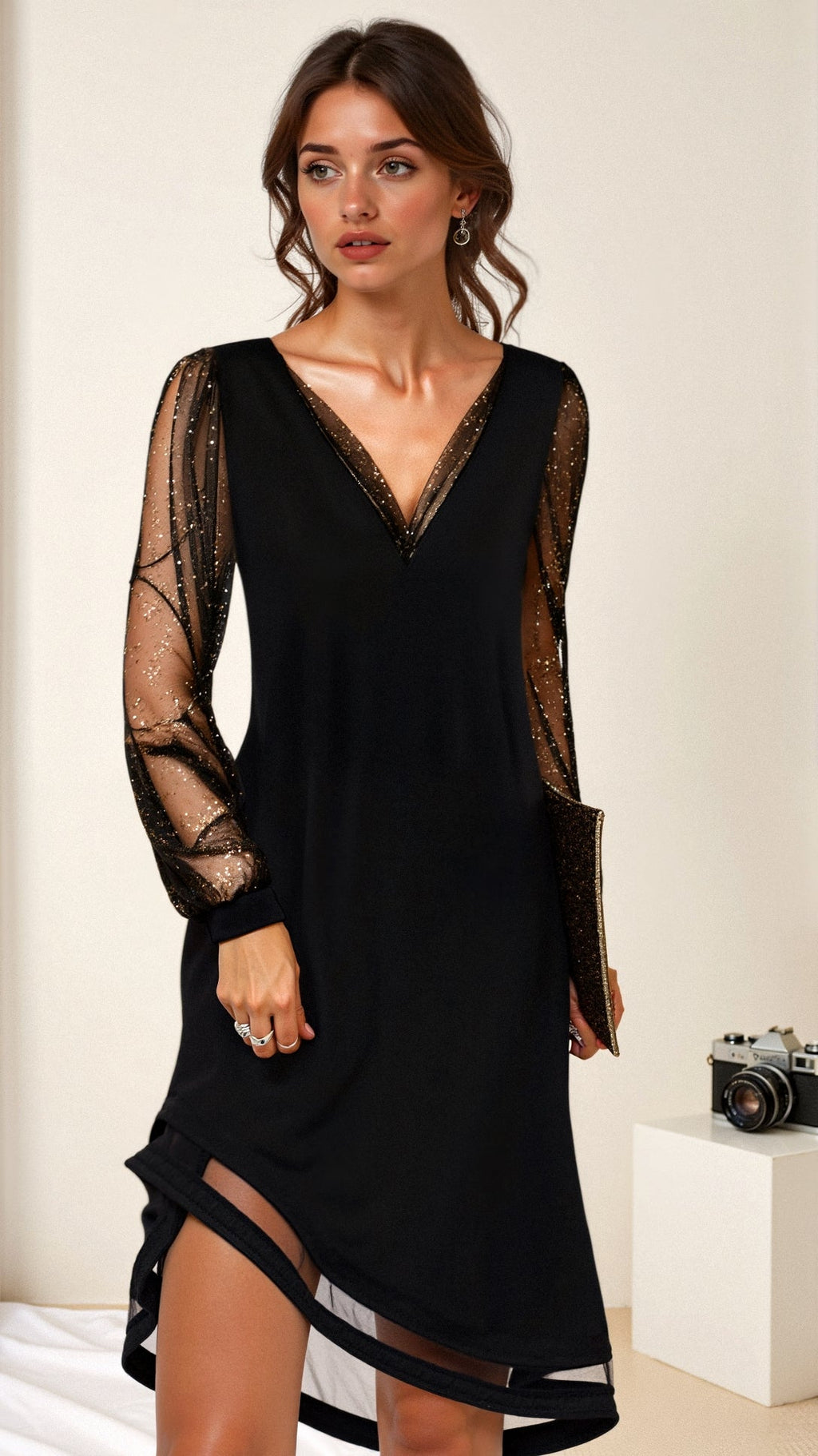 Robe de soirée longue noire pailletée, coupe ajustée, noir