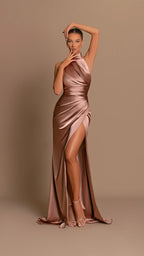 Robe longue col montant femme or rose, fente latérale, S au XL