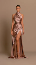 Robe longue col montant femme or rose, fente latérale, S au XL