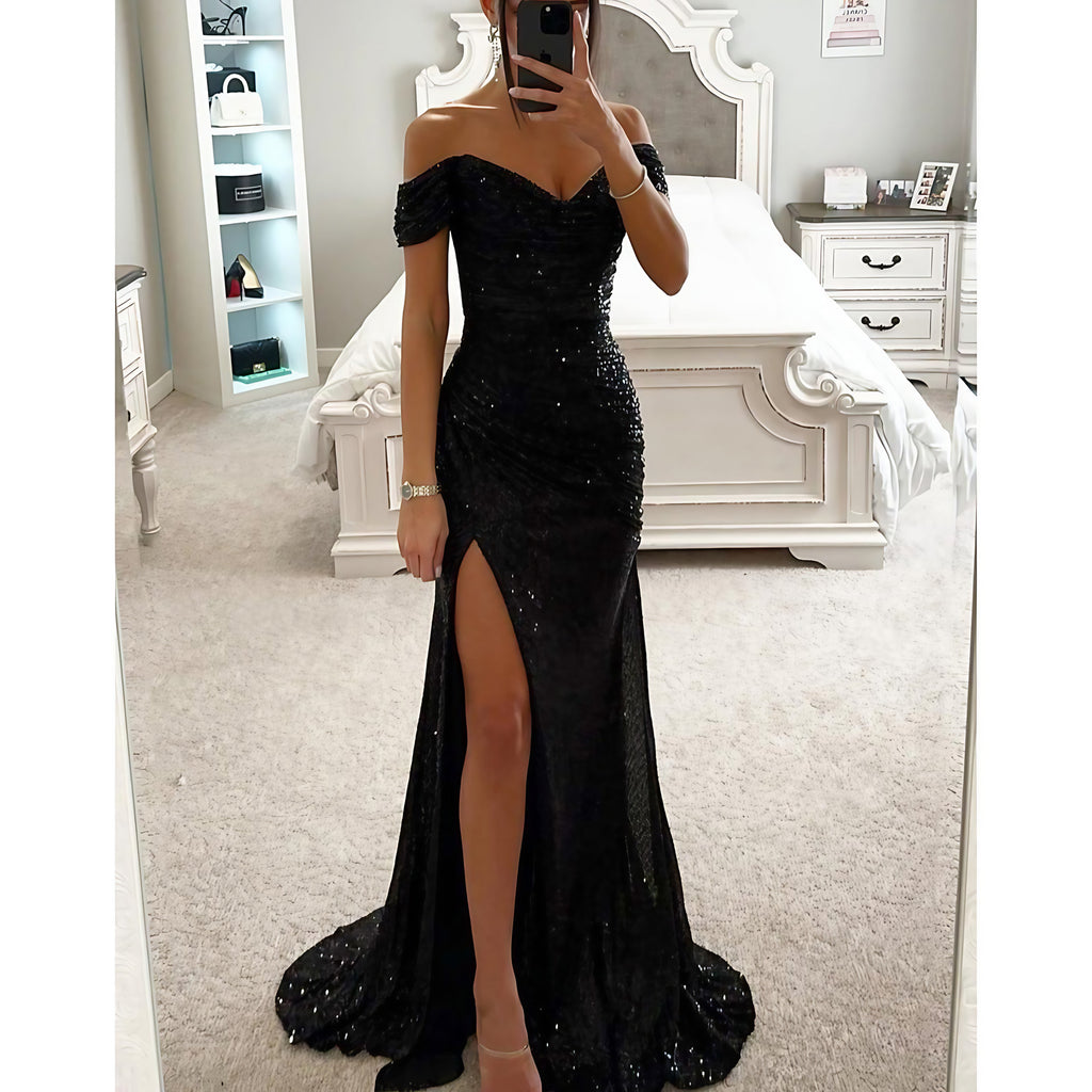 Robe de soirée longue à paillettes, épaules dénudées, fendue, noir