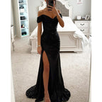Robe de soirée longue à paillettes, épaules dénudées, fendue, noir