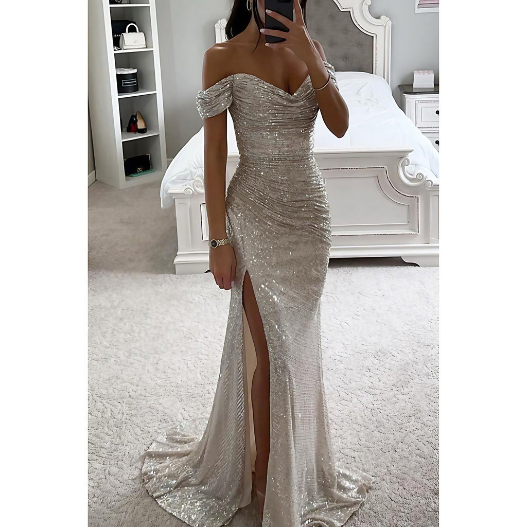 Robe de soirée longue à paillettes, épaules dénudées, fendue, argenté