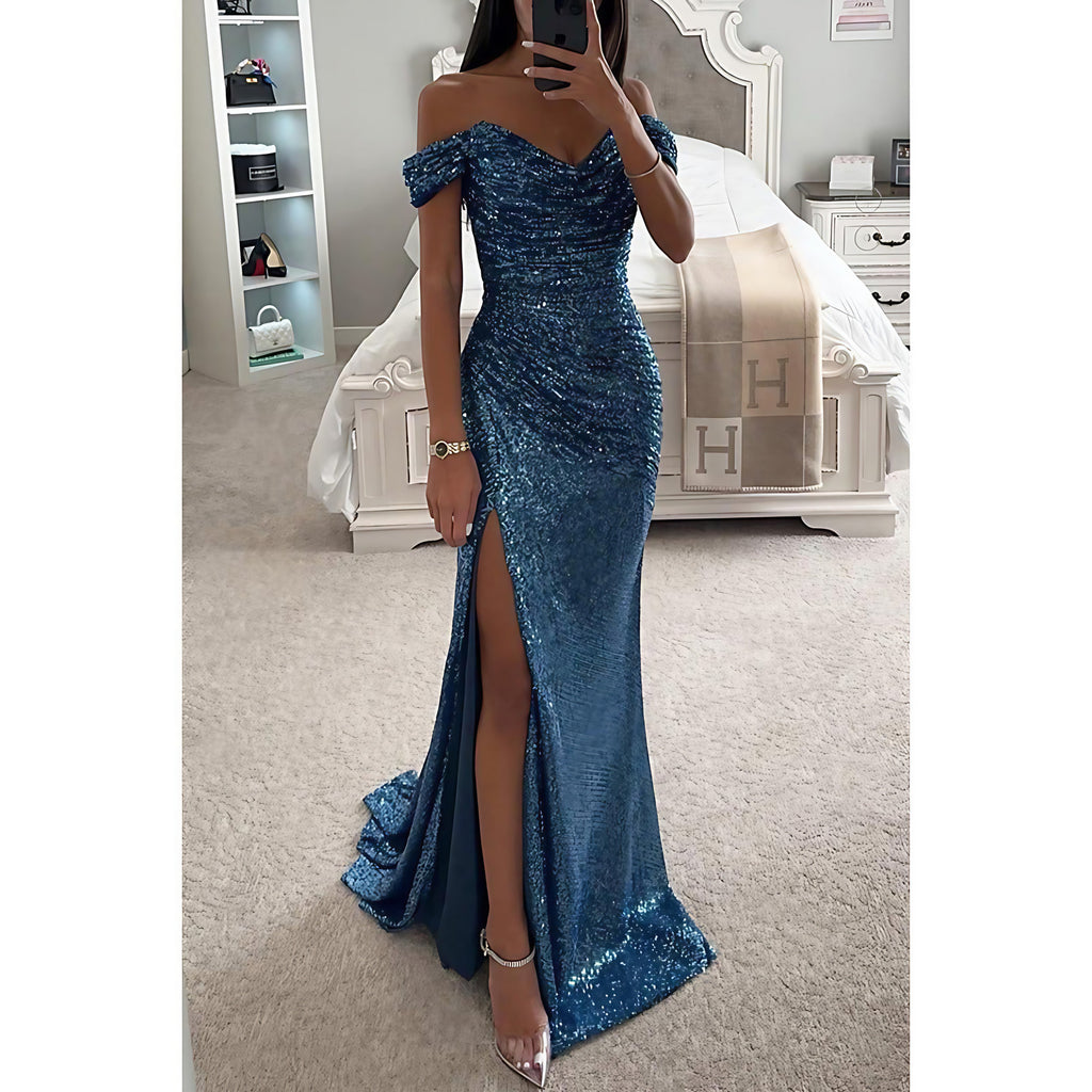 Robe de soirée longue à paillettes, épaules dénudées, fendue, bleu paon