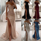 Robe de soirée longue à paillettes, épaules dénudées, fendue