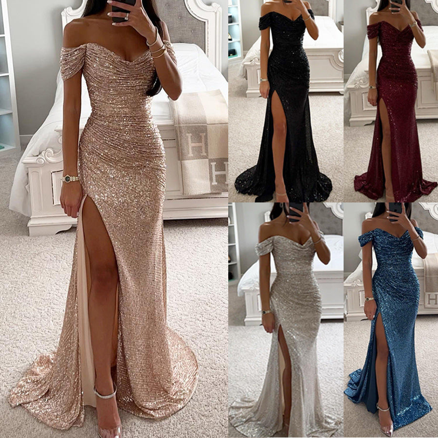 Robe de soirée longue à paillettes, épaules dénudées, fendue