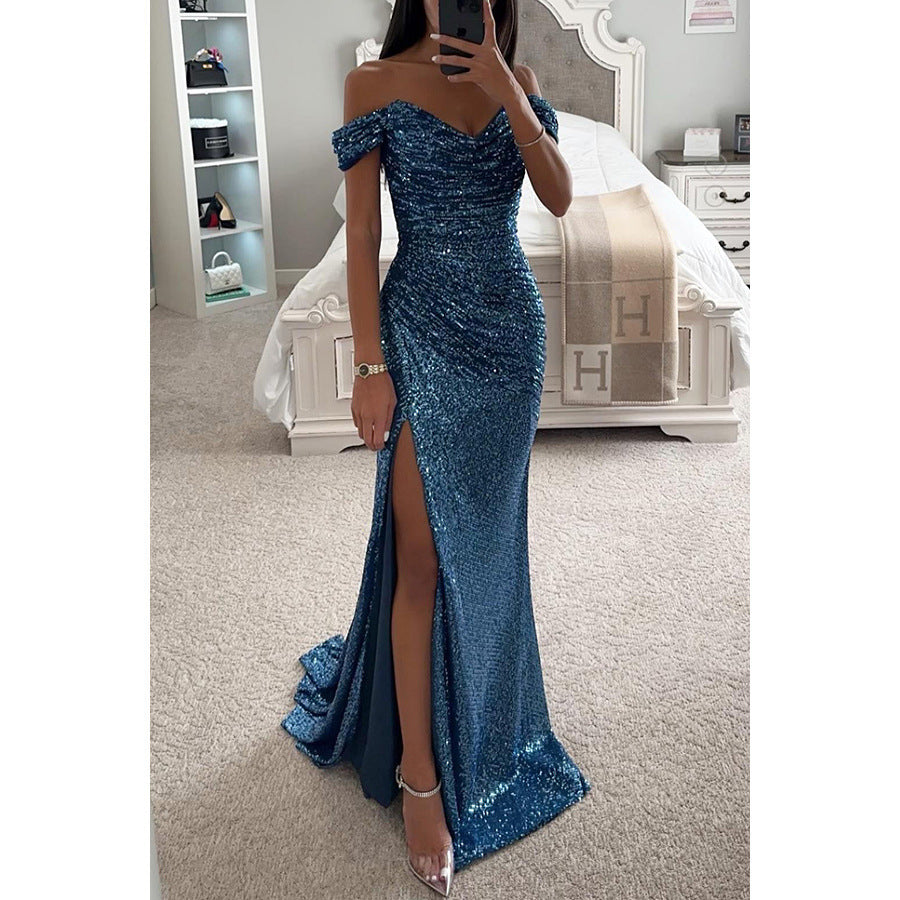Robe de soirée longue à paillettes, épaules dénudées, fendue