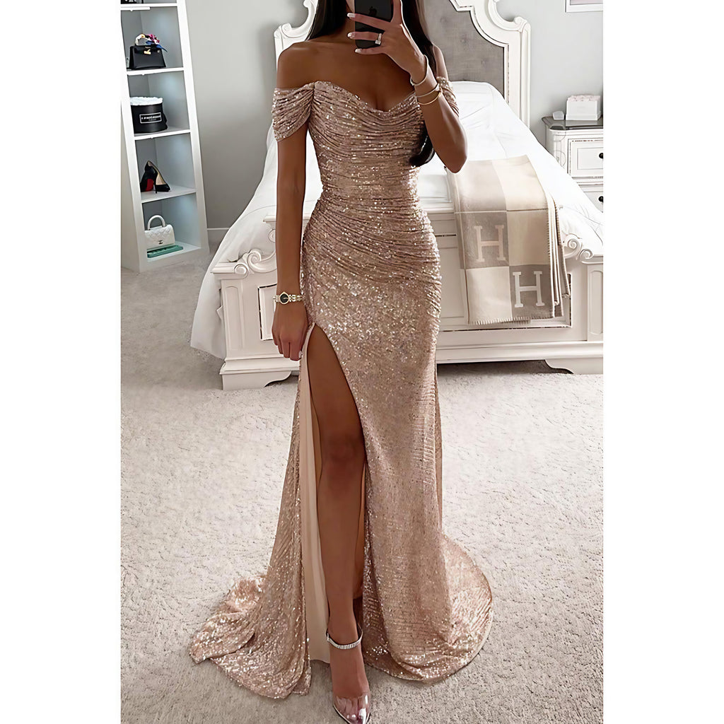 Robe de soirée longue à paillettes, épaules dénudées, fendue, champagne