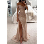 Robe de soirée longue à paillettes, épaules dénudées, fendue, champagne
