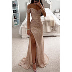Robe de soirée longue à paillettes, épaules dénudées, fendue