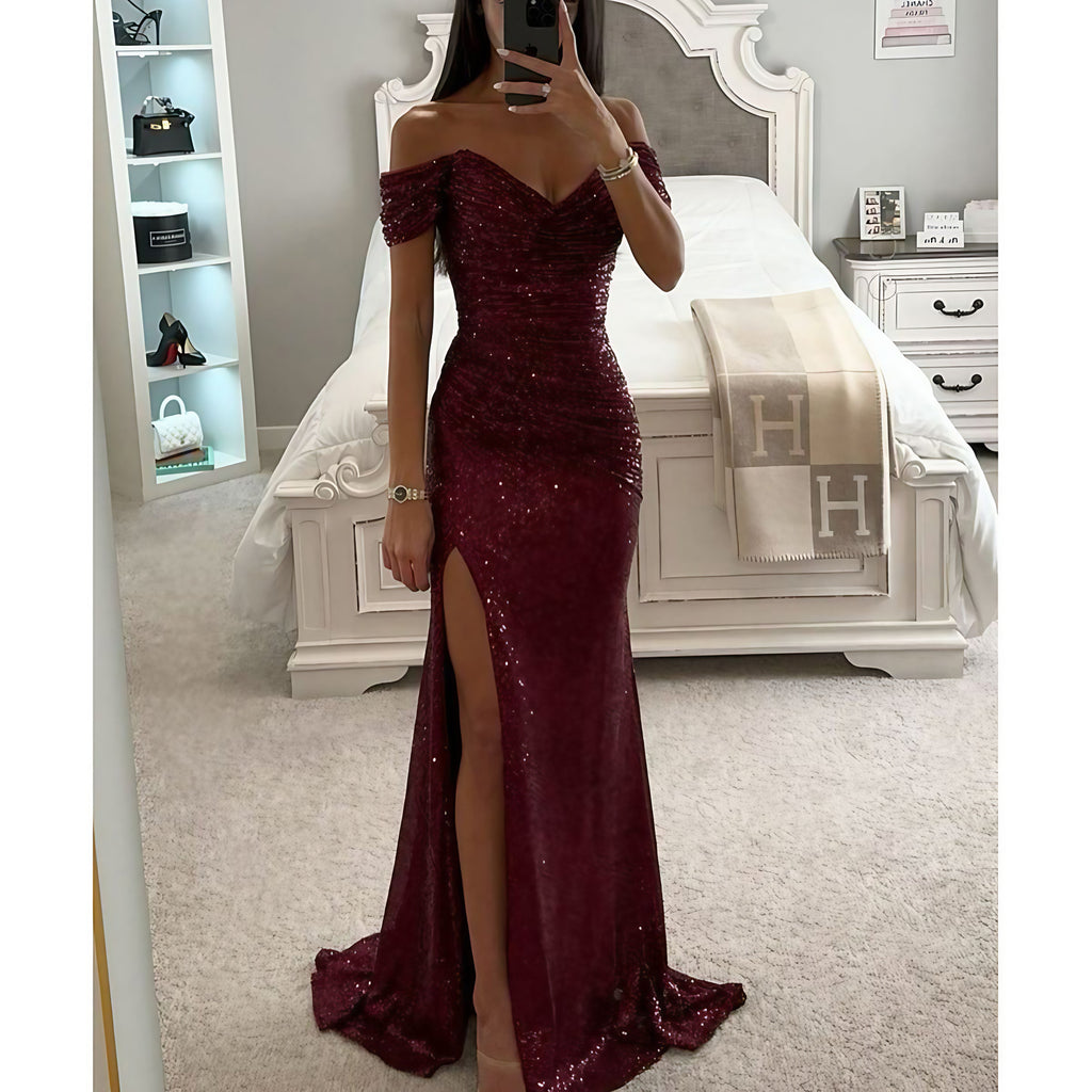 Robe de soirée longue à paillettes, épaules dénudées, fendue, rouge vin