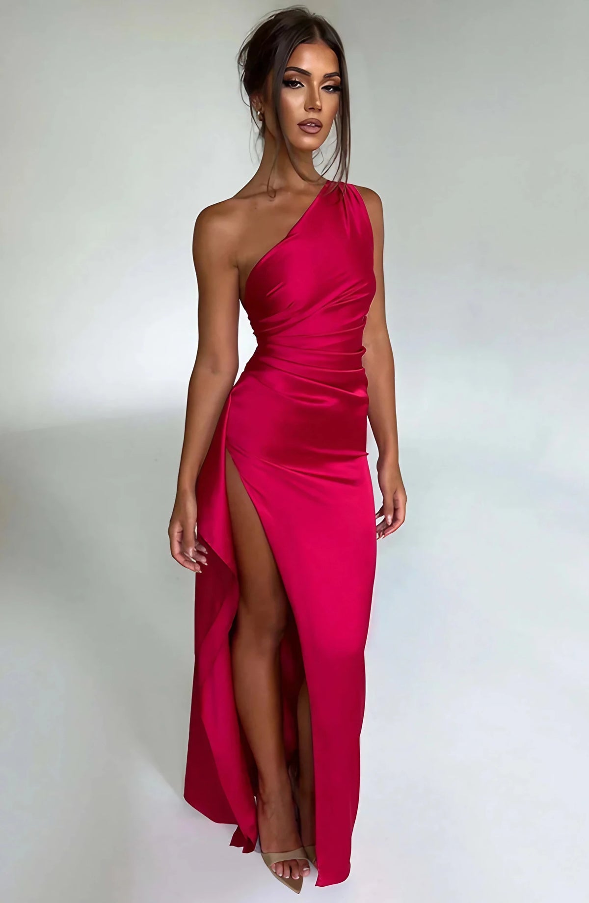 Robe longue de soirée asymétrique, plissée et fendue, six coloris, rouge