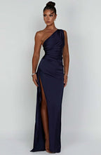 Robe longue de soirée asymétrique, plissée et fendue, six coloris, bleu marine
