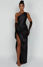 Robe longue de soirée asymétrique, plissée et fendue, six coloris, noir