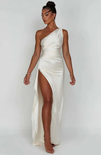 Robe longue de soirée asymétrique, plissée et fendue, six coloris, blanc