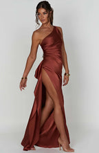 Robe longue de soirée asymétrique, plissée et fendue, six coloris, rose foncé