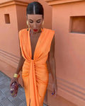 Robe de soirée longue drapée, décolleté V, fente haute, orange
