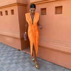 Robe de soirée longue drapée, décolleté V, fente haute
