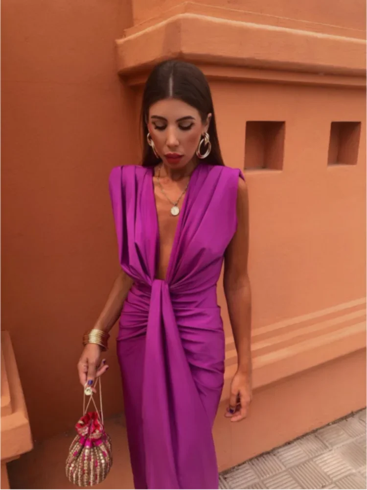 Robe de soirée longue drapée, décolleté V, fente haute, pourpre