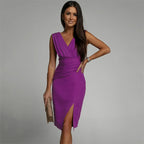Robe de cocktail col V croisé, drapée et fendue, cinq coloris, lilas