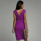 Robe de cocktail col V croisé, drapée et fendue, cinq coloris