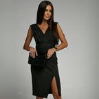 Robe de cocktail col V croisé, drapée et fendue, cinq coloris