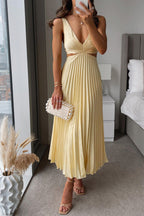 Robe de soirée en satin plissé, décolleté en V, six coloris, jaune