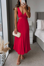 Robe de soirée en satin plissé, décolleté en V, six coloris, rouge