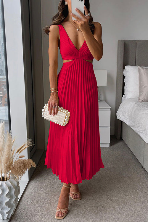 Robe de soirée en satin plissé, décolleté en V, six coloris, rouge