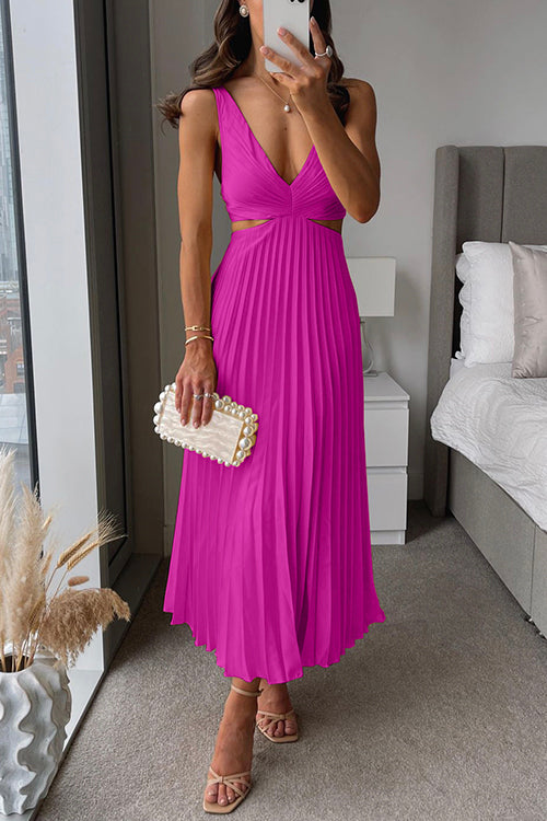 Robe de soirée en satin plissé, décolleté en V, six coloris, rose