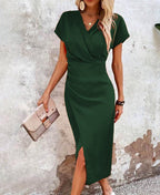 Robe de soirée longue fendue, col V, taille cintrée, dix coloris, vert