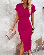 Robe de soirée longue fendue, col V, taille cintrée, dix coloris, fuchsia