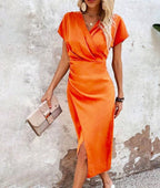 Robe de soirée longue fendue, col V, taille cintrée, dix coloris, orange